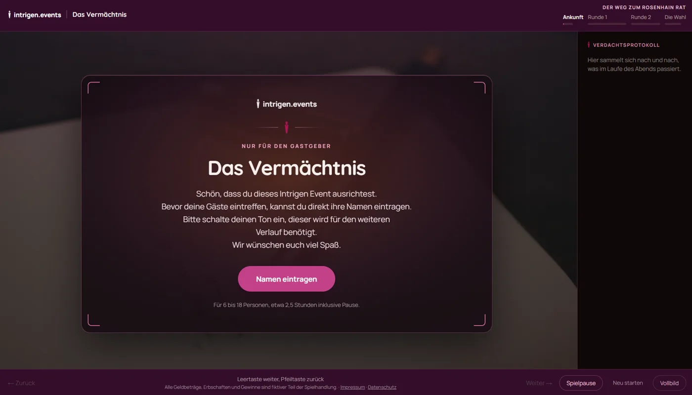 Willkommensbildschirm von „Das Vermächtnis“ im Online-Spielbereich, auf dem der Gastgeber die Namen der Gäste einträgt